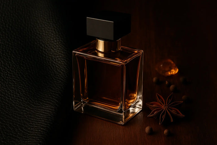 Frasco de perfume sobre couro preto e madeira escura representando perfume com couro elegante