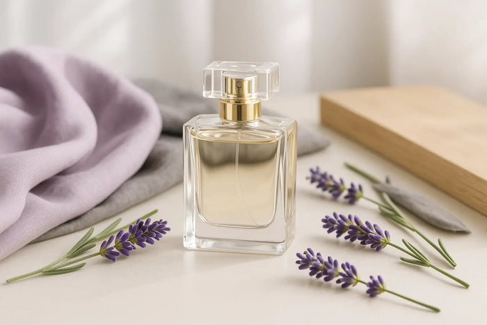 Frasco de perfume com ramos de lavanda em cenário claro e elegante