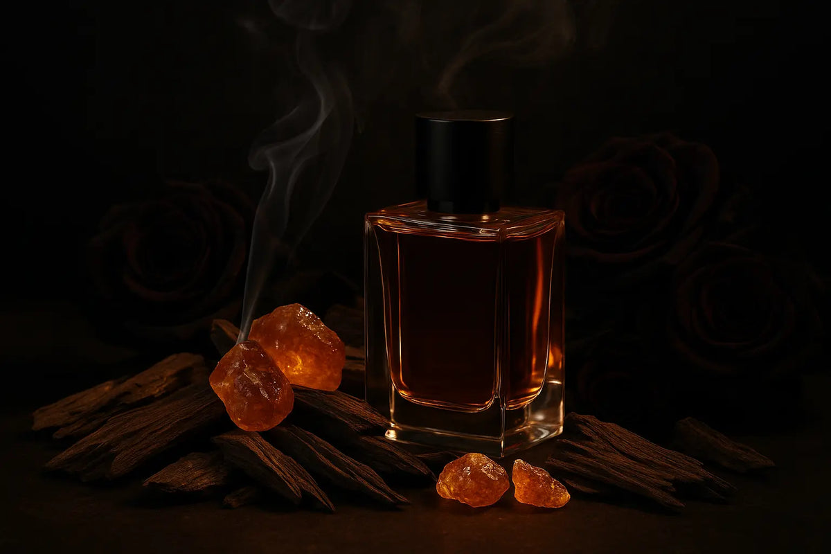 Frasco de perfume sem marca com madeira, resina âmbar e fumaça suave representando perfume com oud