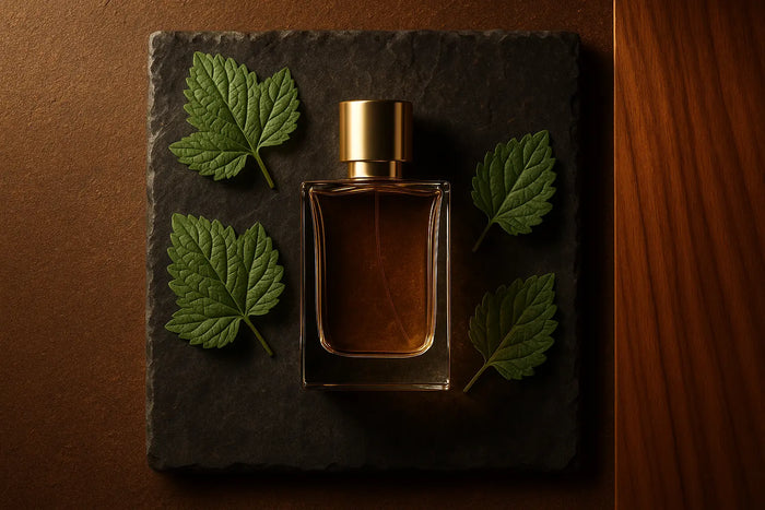 Frasco de perfume sobre pedra escura com folhas verdes de patchouli e madeira, representando perfume com patchouli elegante.