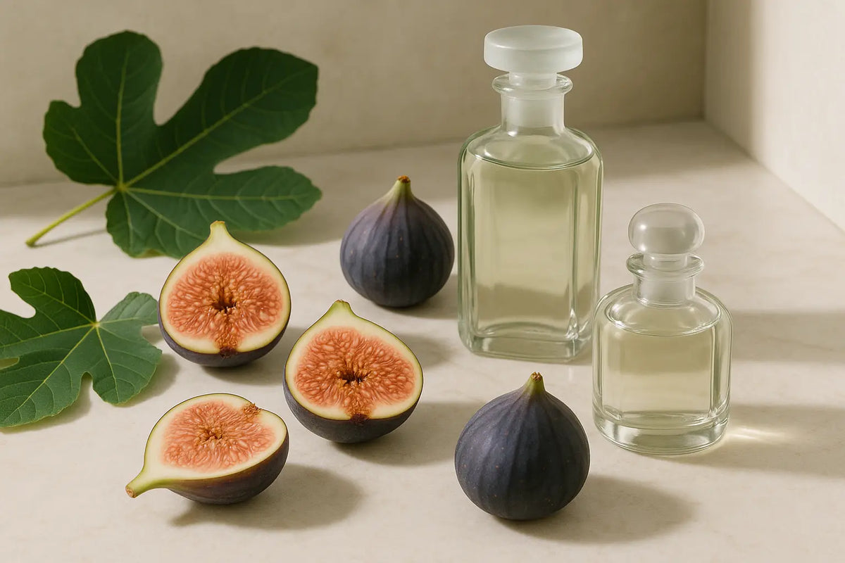Figos frescos, folhas verdes e frascos de perfume representando fragrâncias com nota de figo