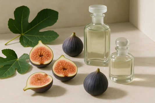 Figos frescos, folhas verdes e frascos de perfume representando fragrâncias com nota de figo