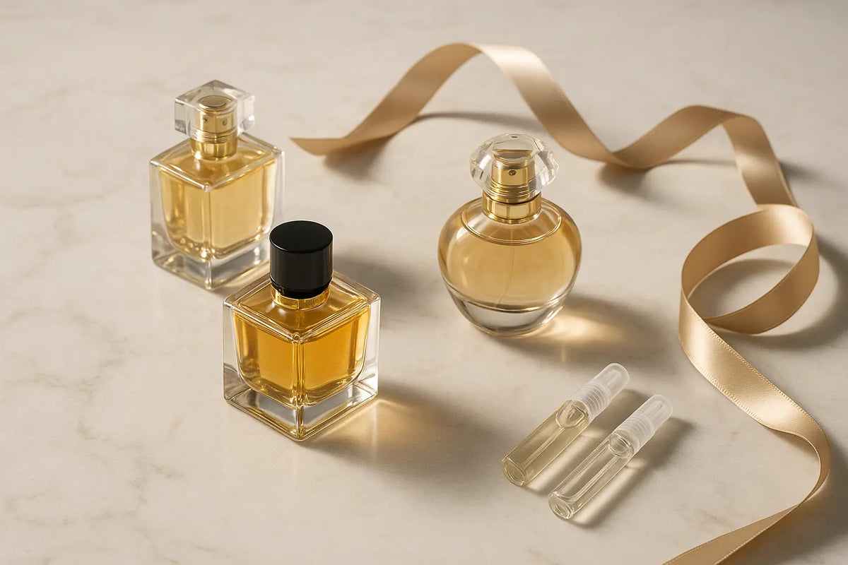 Frascos e decants de perfume de luxo sobre mármore claro com detalhes dourados