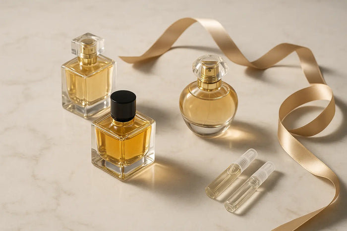 Frascos e decants de perfume de luxo sobre mármore claro com detalhes dourados