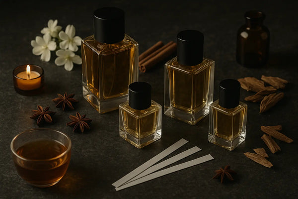 Frascos de perfume de nicho com fitas olfativas, chá, especiarias, madeira e flores brancas sobre bancada escura