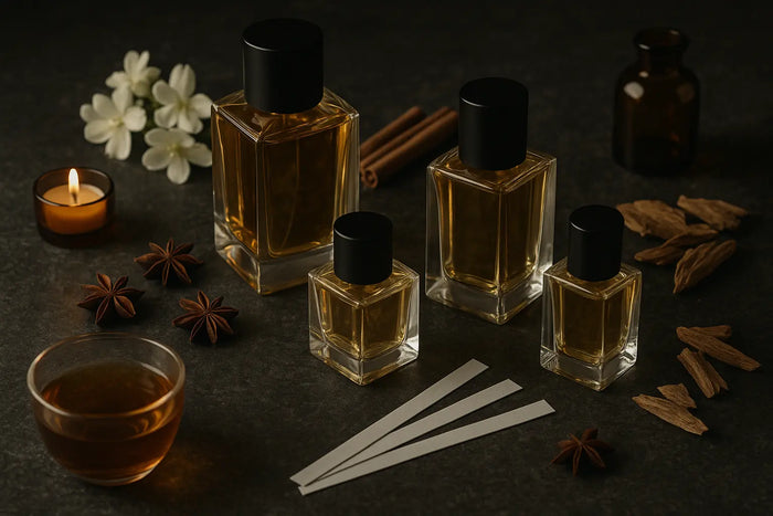 Frascos de perfume de nicho com fitas olfativas, chá, especiarias, madeira e flores brancas sobre bancada escura