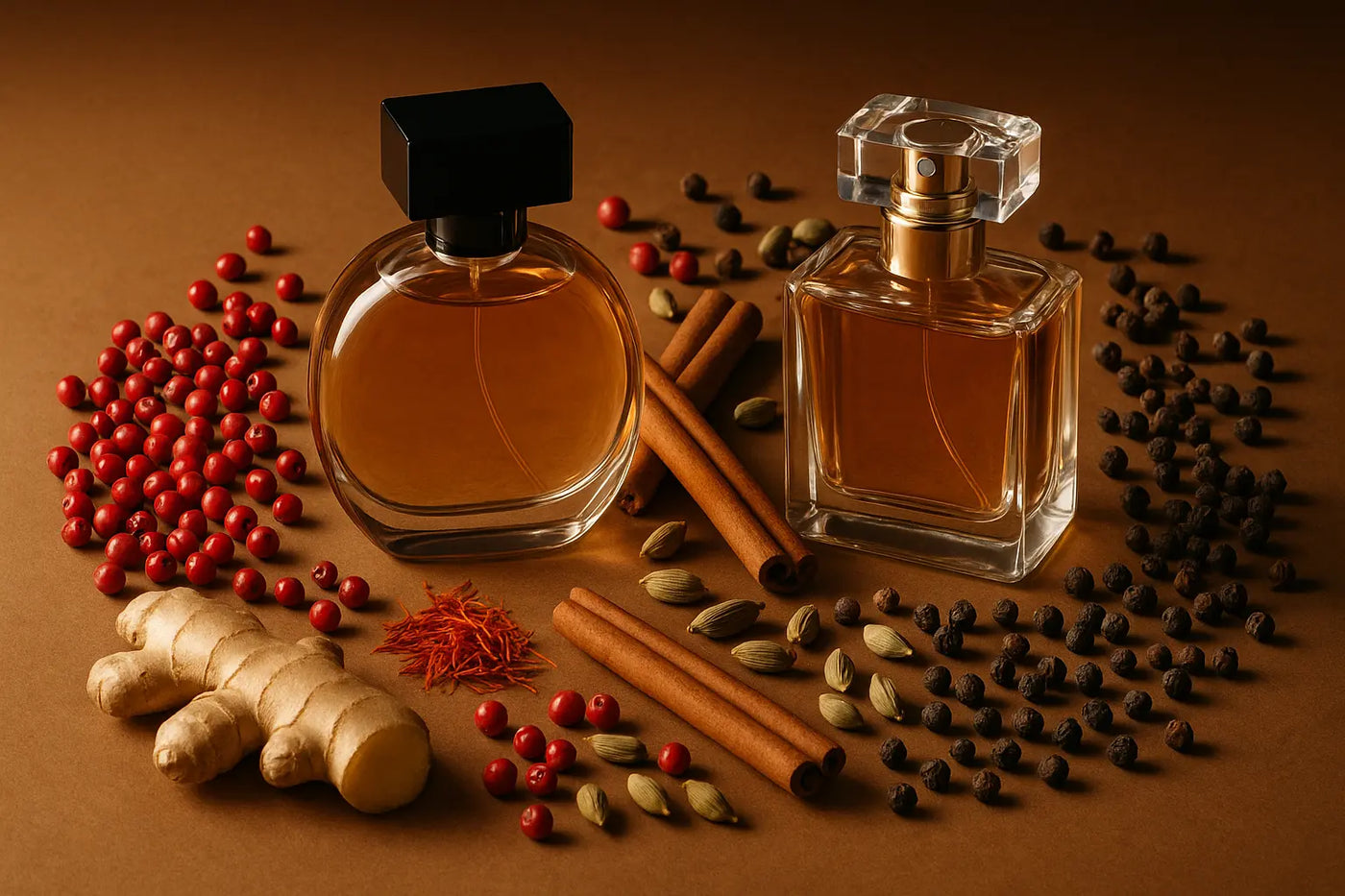 Frascos de perfume com especiarias como pimenta, cardamomo, canela, gengibre e açafrão em composição editorial