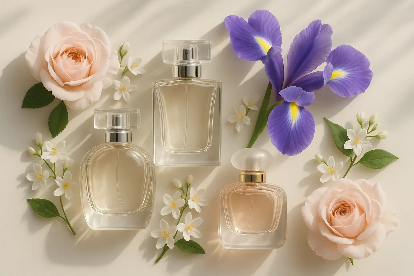 Frascos de perfume floral feminino com rosas, jasmim e íris em composição clara e elegante