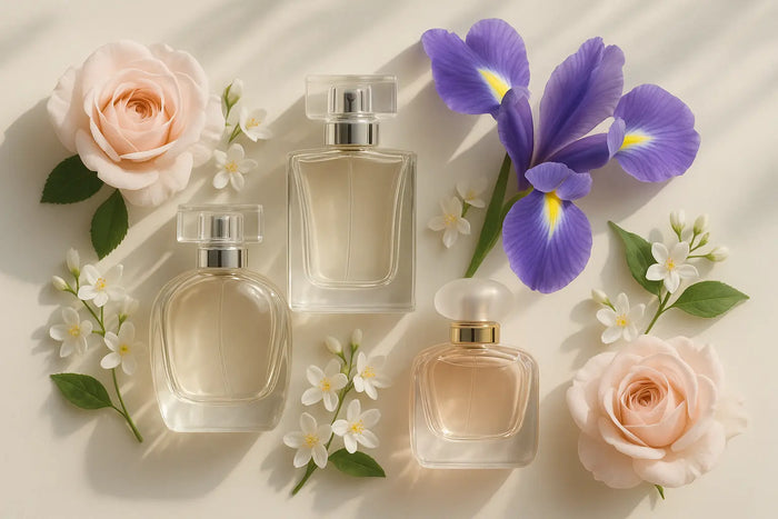 Frascos de perfume floral feminino com rosas, jasmim e íris em composição clara e elegante