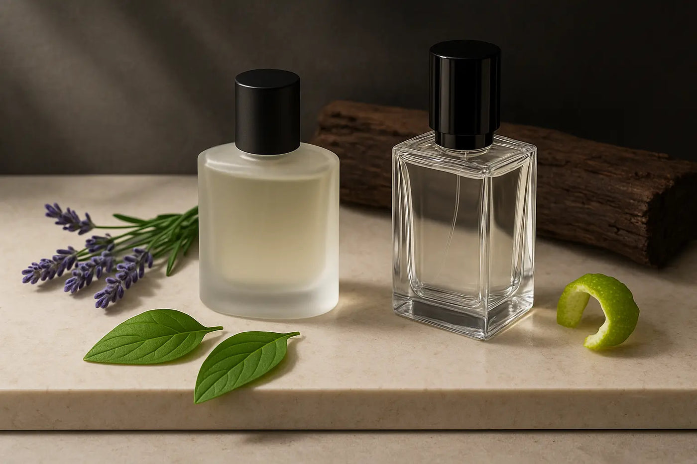 Frascos de perfume fougère com lavanda, bergamota, folhas aromáticas e madeira em composição editorial sofisticada