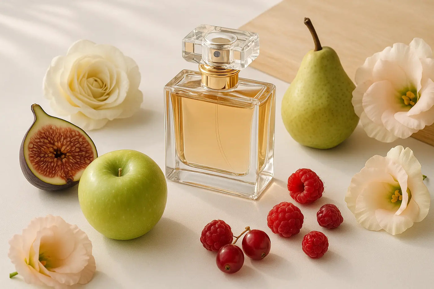 Frascos de perfume com figo, maçã verde, pera, frutas vermelhas e flores representando perfumes frutados elegantes
