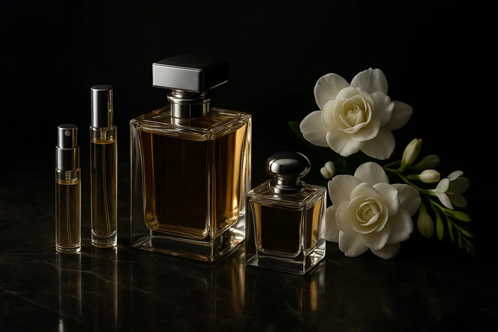 Frascos e decants de perfume Givenchy em composição elegante com flores brancas e fundo escuro