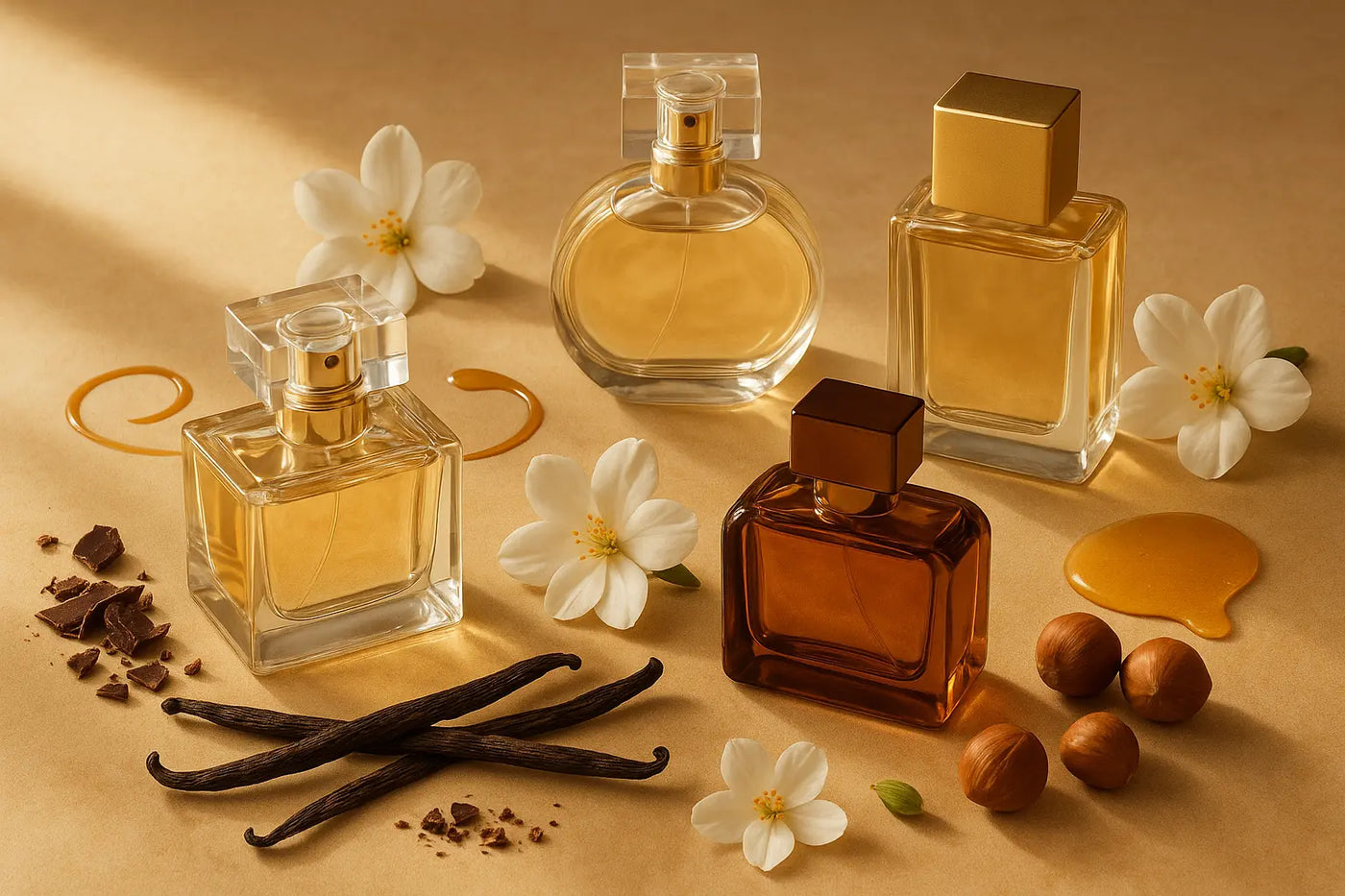 Frascos de perfume com baunilha, chocolate, caramelo, mel, avelãs e flores brancas representando perfume gourmand