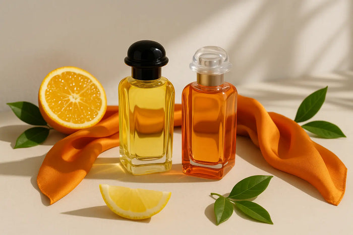 Frascos de perfume em bancada clara com lenço laranja, cítricos e folhas verdes representando perfumes Hermès frescos e sofisticados
