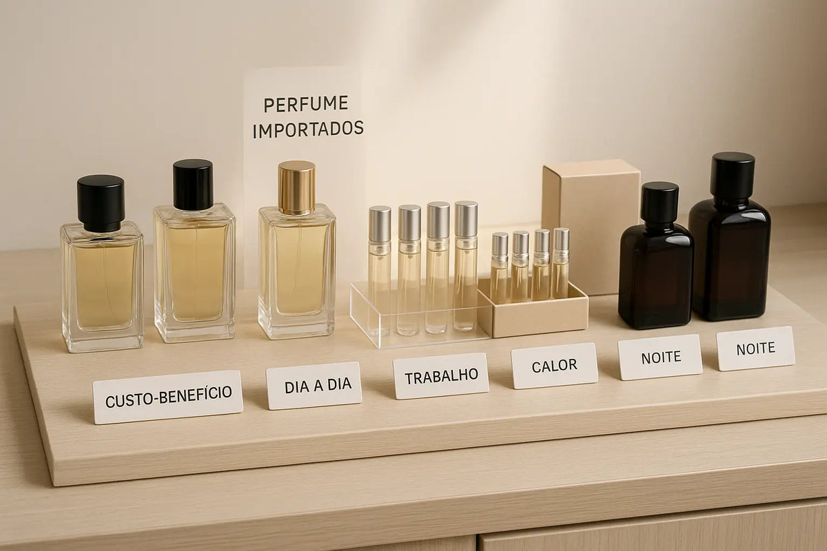 Frascos de perfumes importados acessíveis, decants e kits organizados em bancada de loja por ocasião de uso