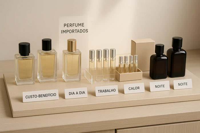 Frascos de perfumes importados acessíveis, decants e kits organizados em bancada de loja por ocasião de uso