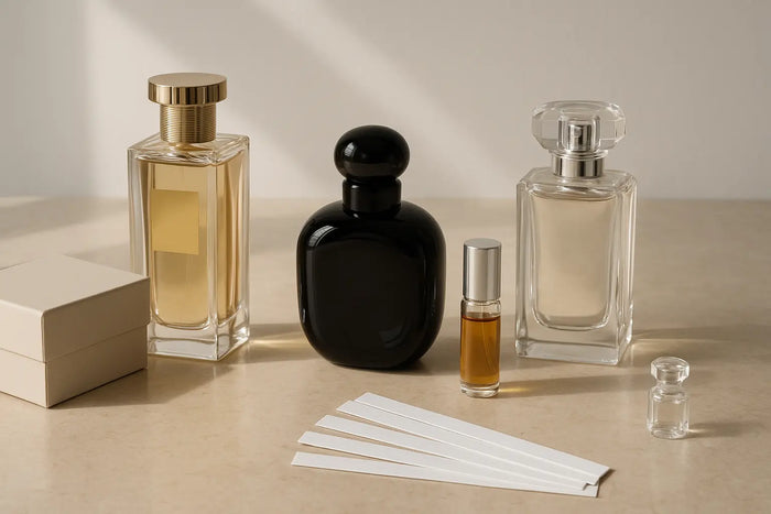 Frascos de perfume importado, tiras olfativas, decant e miniatura sobre bancada elegante