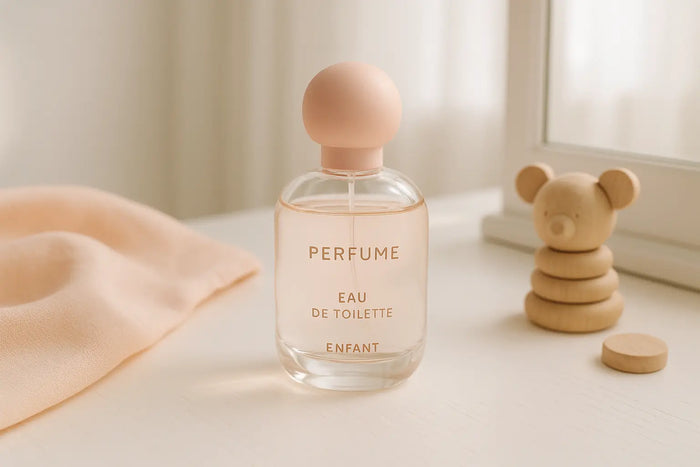 Frasco de perfume infantil em ambiente claro com elementos lúdicos suaves