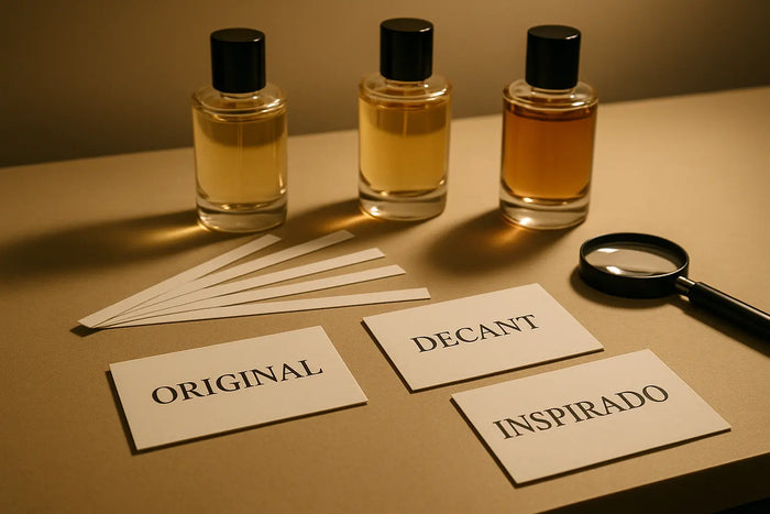 Bancada de consultoria olfativa com frascos, tiras de perfume, lupa e cartões indicando original, decant e inspirado.
