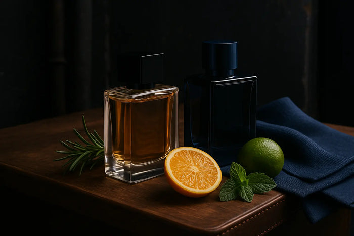 Frascos de perfume masculino em cenário urbano com madeira, couro, cítricos e ervas representando perfumes John Varvatos frescos e amadeirados
