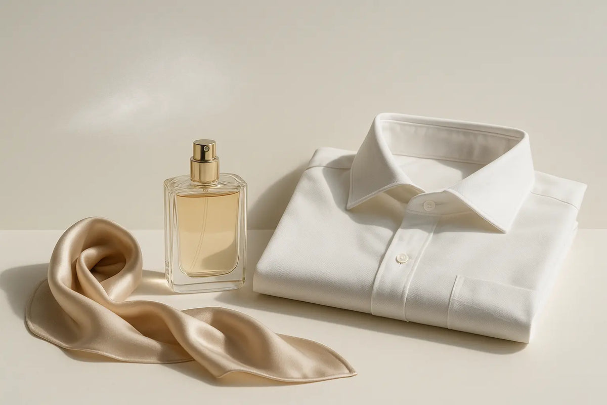 Frasco de perfume ao lado de camisa branca e lenço de seda, representando aplicação cuidadosa para evitar manchas em roupas
