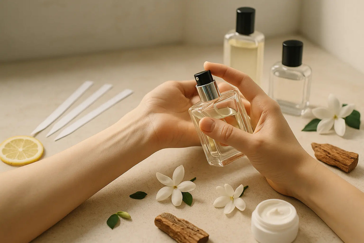 Pulso com perfume aplicado ao lado de fitas olfativas, cítricos, flores e madeiras para explicar por que o perfume muda de cheiro na pele