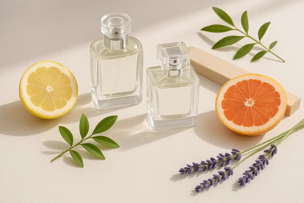 Frascos de perfume com cítricos, lavanda, ramos verdes e madeira clara representando perfume não doce, fresco e elegante