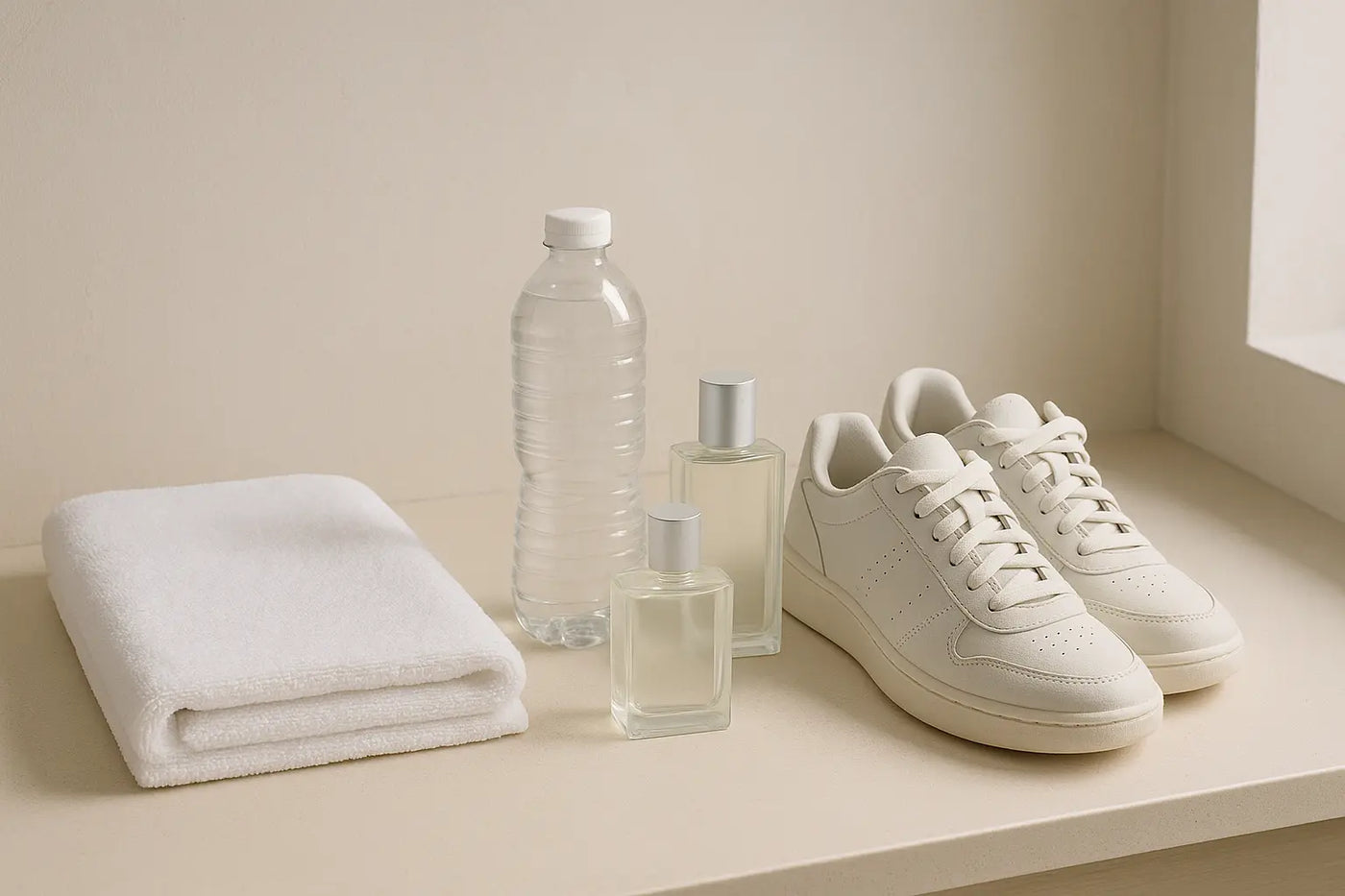 Toalha branca, garrafa de água e perfumes frescos em vestiário clean para artigo sobre perfume para academia