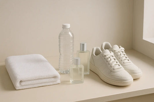 Toalha branca, garrafa de água e perfumes frescos em vestiário clean para artigo sobre perfume para academia
