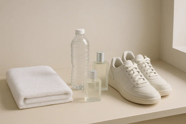 Toalha branca, garrafa de água e perfumes frescos em vestiário clean para artigo sobre perfume para academia
