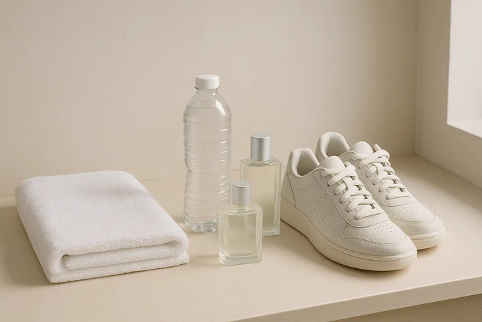 Toalha branca, garrafa de água e perfumes frescos em vestiário clean para artigo sobre perfume para academia