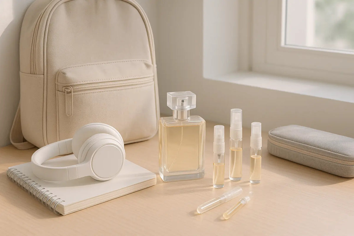 Frascos e decants de perfume sobre mesa com mochila e caderno, representando escolha de perfume para adolescente
