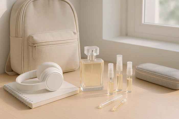 Frascos e decants de perfume sobre mesa com mochila e caderno, representando escolha de perfume para adolescente