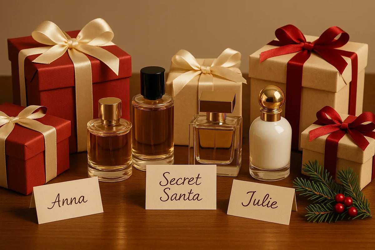 Mesa de amigo secreto com presentes e frascos de perfume para escolher uma fragrância segura