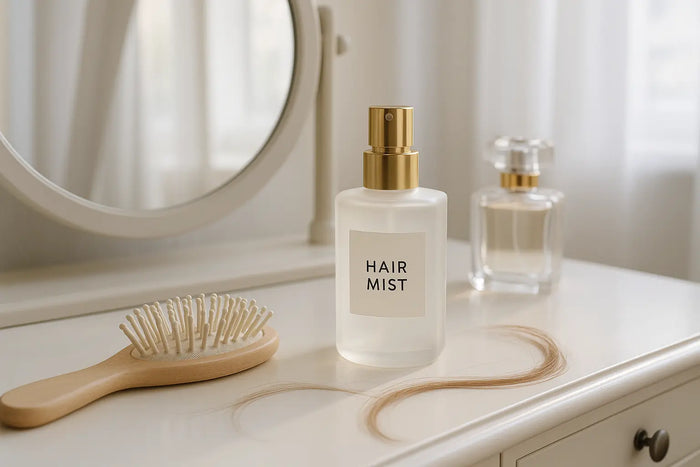 Perfume para cabelo hair mist sobre penteadeira com escova e perfume ao fundo