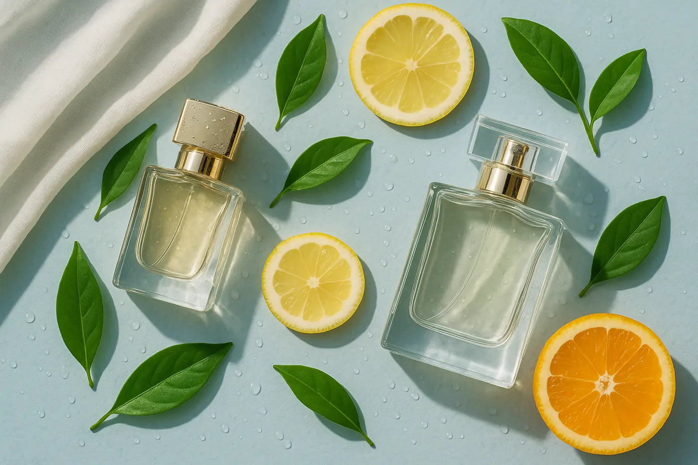 Frascos de perfume sobre superfície clara com cítricos, folhas verdes e gotas de água representando perfume para calor