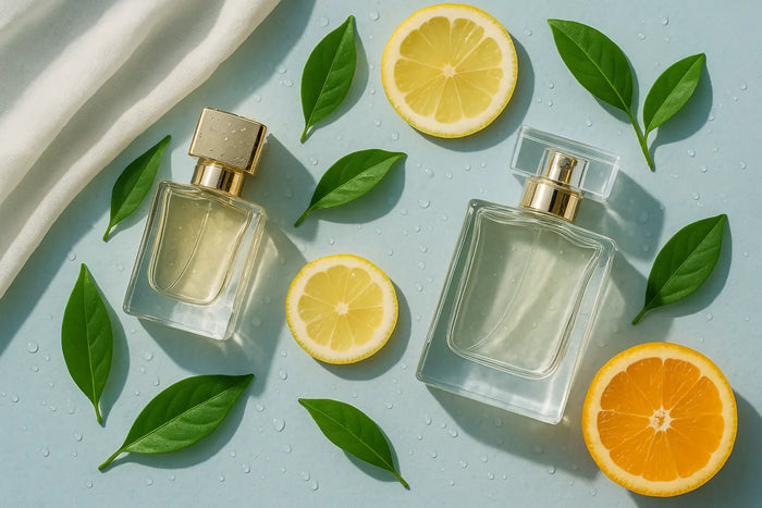 Frascos de perfume sobre superfície clara com cítricos, folhas verdes e gotas de água representando perfume para calor