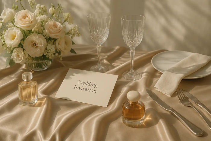Frascos de perfume sobre mesa de casamento com flores claras, convite e taças em luz suave
