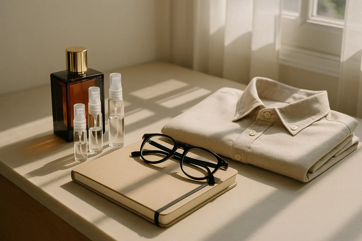 Frascos de perfume e decants sobre bancada clara com agenda e luz natural, representando perfume para dia a dia