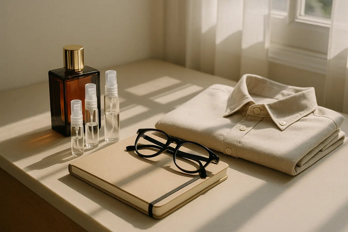 Frascos de perfume e decants sobre bancada clara com agenda e luz natural, representando perfume para dia a dia