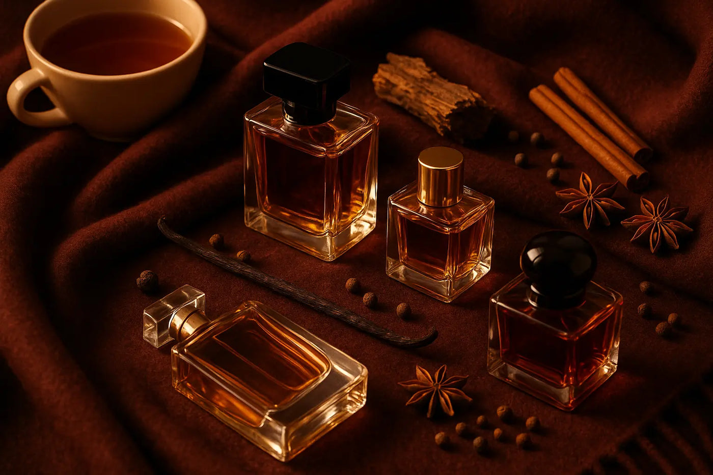 Frascos de perfume sobre tecido de lã com especiarias e iluminação quente, representando perfumes para dias frios