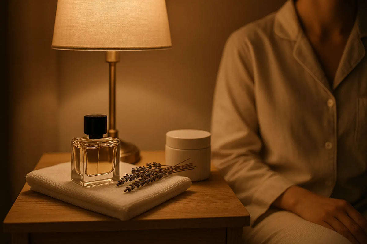 Perfume discreto, hidratante e lavanda seca sobre criado-mudo em cena noturna aconchegante