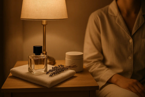 Perfume discreto, hidratante e lavanda seca sobre criado-mudo em cena noturna aconchegante