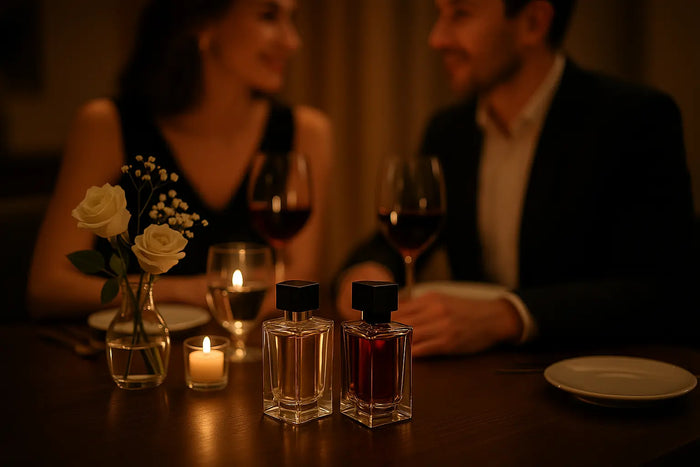 Mesa de jantar romântica com taças, flores discretas e frascos de perfume em ambiente elegante