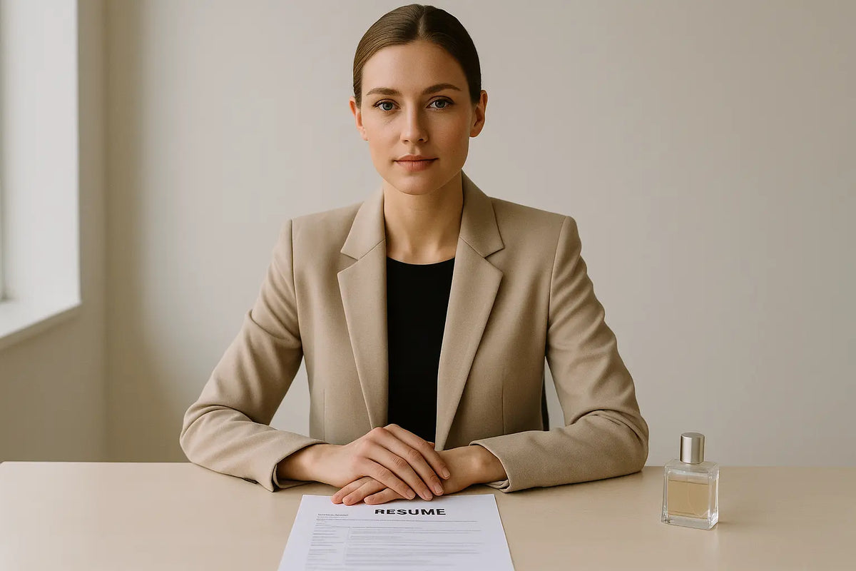 Pessoa preparada para entrevista de emprego com blazer, currículo e perfume discreto sobre bancada clara