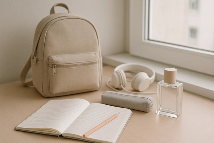 Mochila, caderno e frasco de perfume leve sobre mesa de estudos com luz natural
