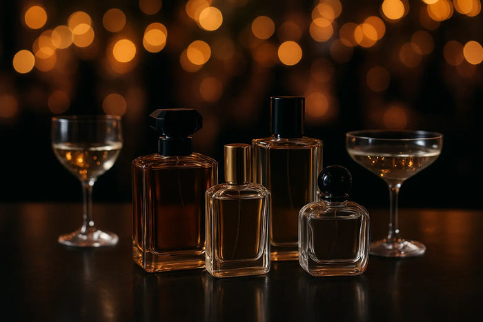 Frascos de perfume sobre bancada elegante com luzes desfocadas de festa ao fundo