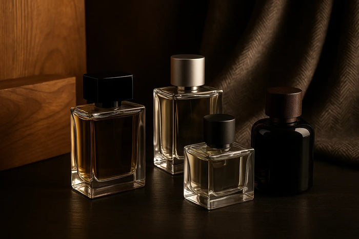 Frascos de perfumes masculinos elegantes sobre bancada escura com madeira, couro e alfaiataria ao fundo