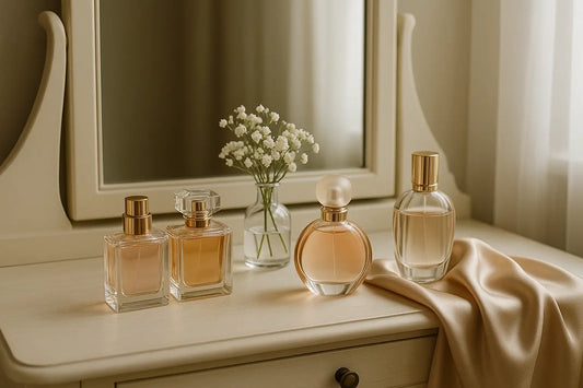 Perfumes femininos elegantes sobre penteadeira clara com flores e luz natural suave