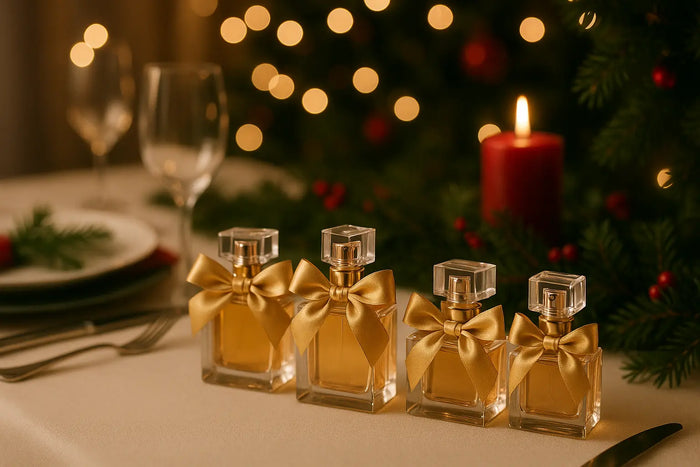 Frascos de perfume sobre mesa de Natal elegante com laços dourados e luzes quentes